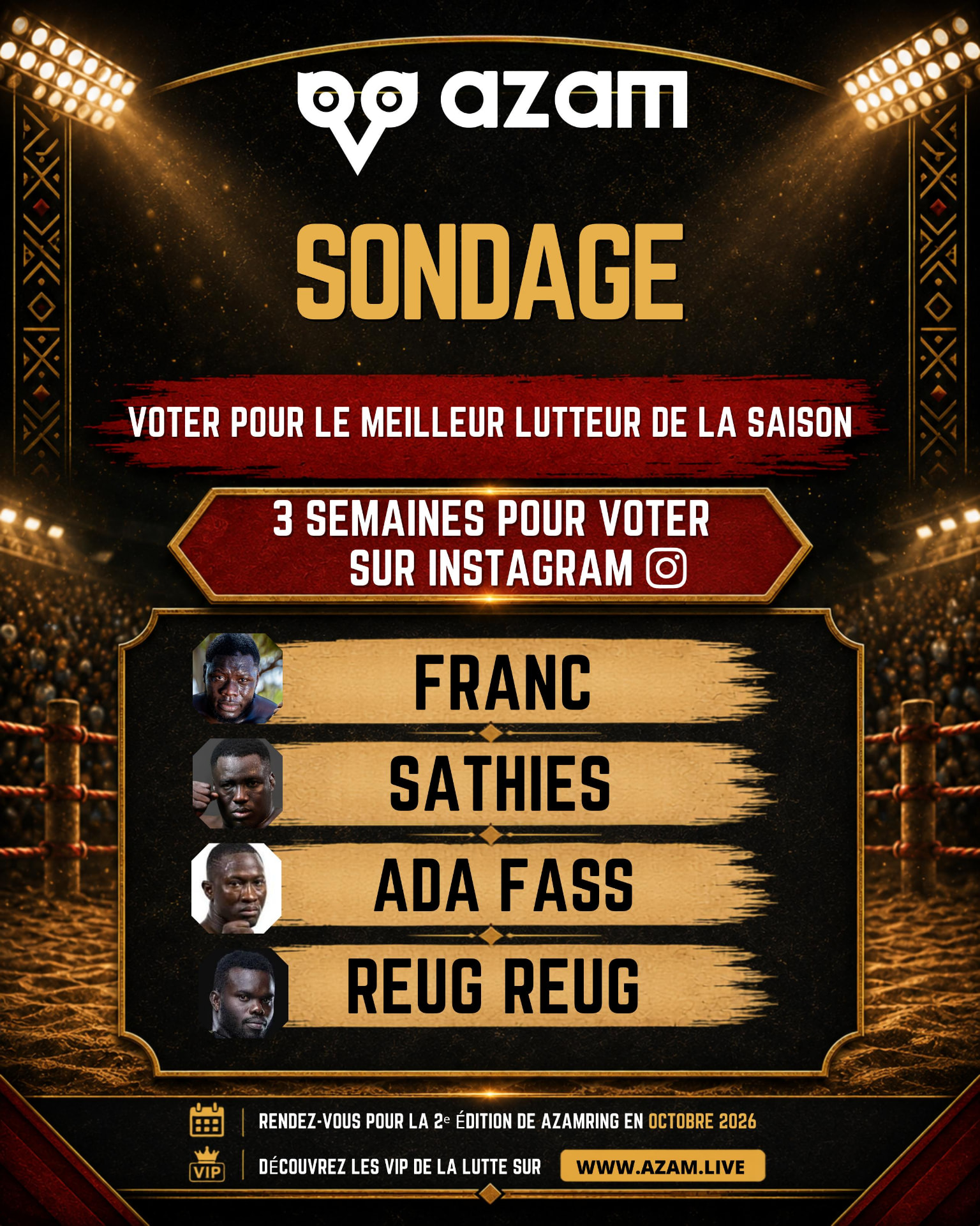 Affiche du sondage AZAM 2026 : Franc, Sathies, Ada Fass, Reug Reug